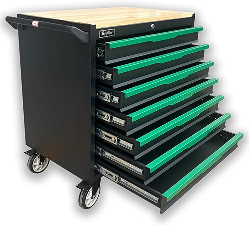 Cofre de herramientas de 7 cajones con parte superior de madera, 31.3 pulgadas de ancho x 18.9 pulgadas de profundidad x 32.3 pulgadas de alto,