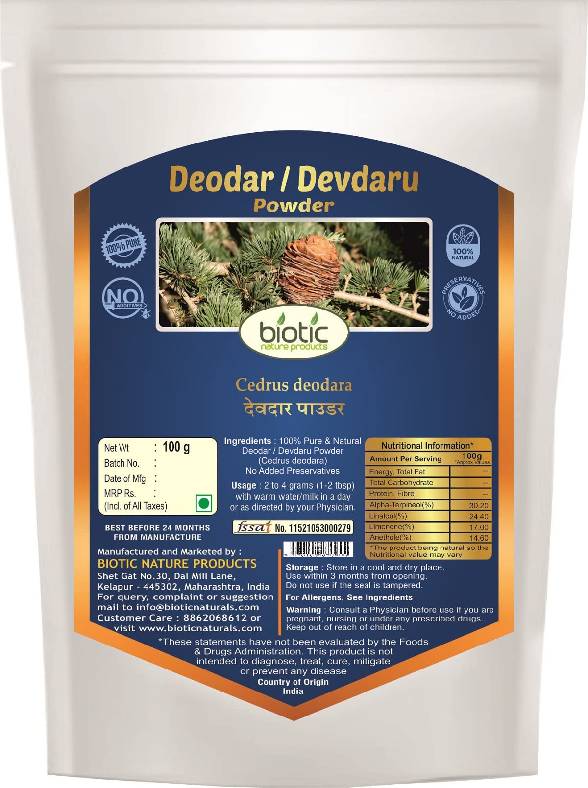 Biotic Deodar Powder (Cedrus Deodara) Devadaru Powder - 100g
