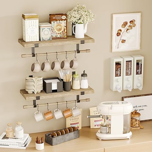 Miniatura 5 de Fixwal Estantes flotantes de pared con ganchos, estantes de madera rústica para barra de café para almacenamiento, estantes montados en la pared con