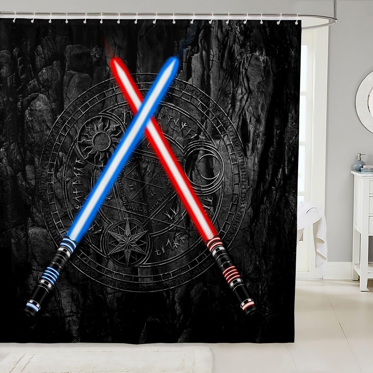 Castle Fairy Lightsaber 3D Neon Blue Red Bathroom Curtain, Geometric Sun Moon Round Waterproof for Kids Boys Girls Teens Room Decor Fashion Vintage Stone Wall Curtain, Black, 72" Wx78 L