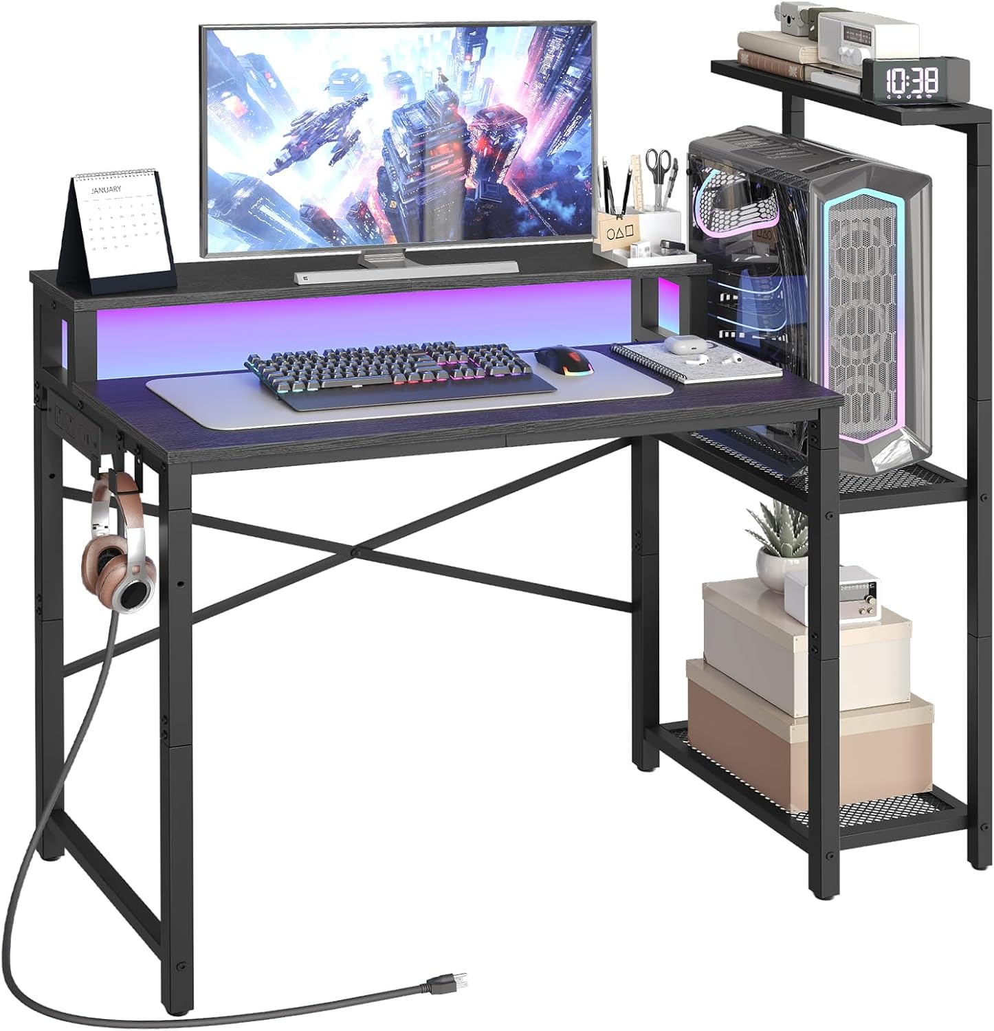 Small Computer Desk with LED Light and Power Outlet, Small Gaming Desk with Monitor Stand, Reversible Game Table with 2 Side Hooks, Home Office Desk for Living Room, Bedroom, Black DN06UDBB