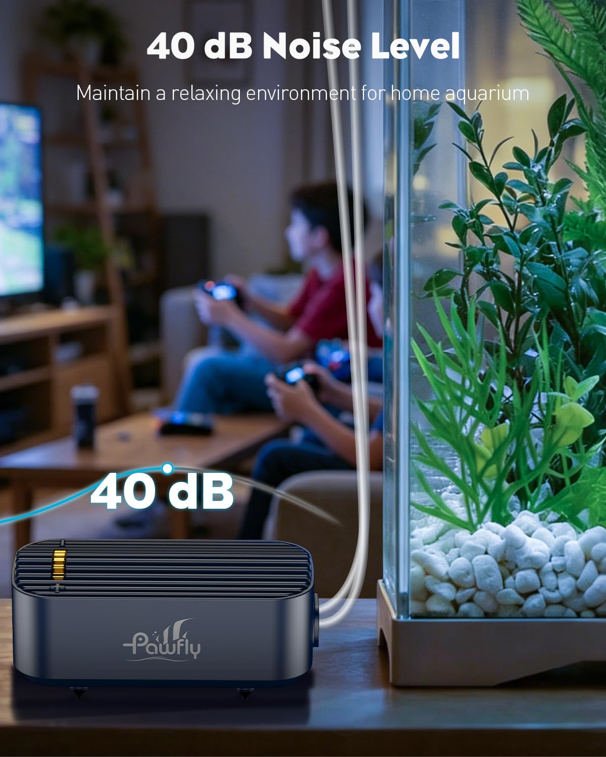 Pawfly Aquarium-Luftpumpe, 416 L/h Luftpumpe für Aquarien bis zu 606 L, extrem leise, einstellbare Sauerstoffpumpe mit Luftschlauch, Ausströmerstein und Rückschlagventil, Belüfter für Fische