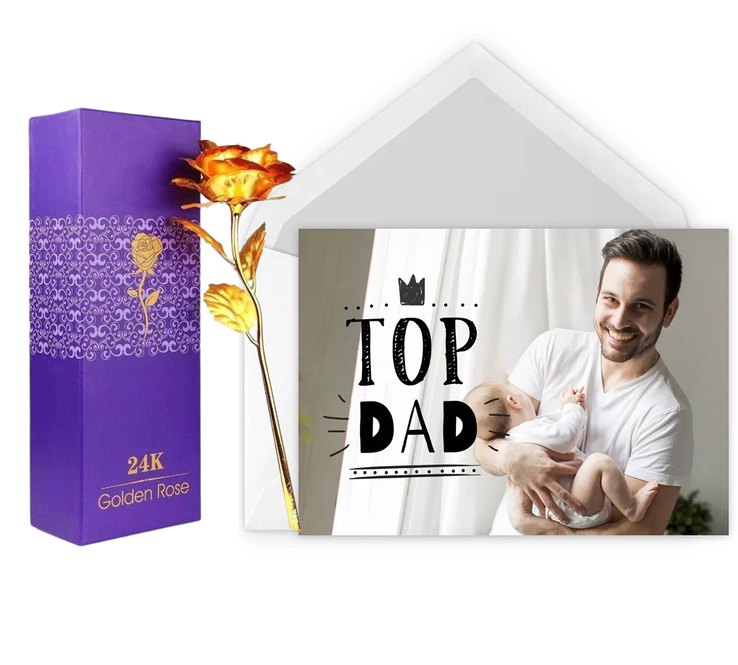 Vending India Personalised/Customised Greeting Card Series - Photo Dad/Fathers Day Card With a Golden Rose (Photo Op - photo)