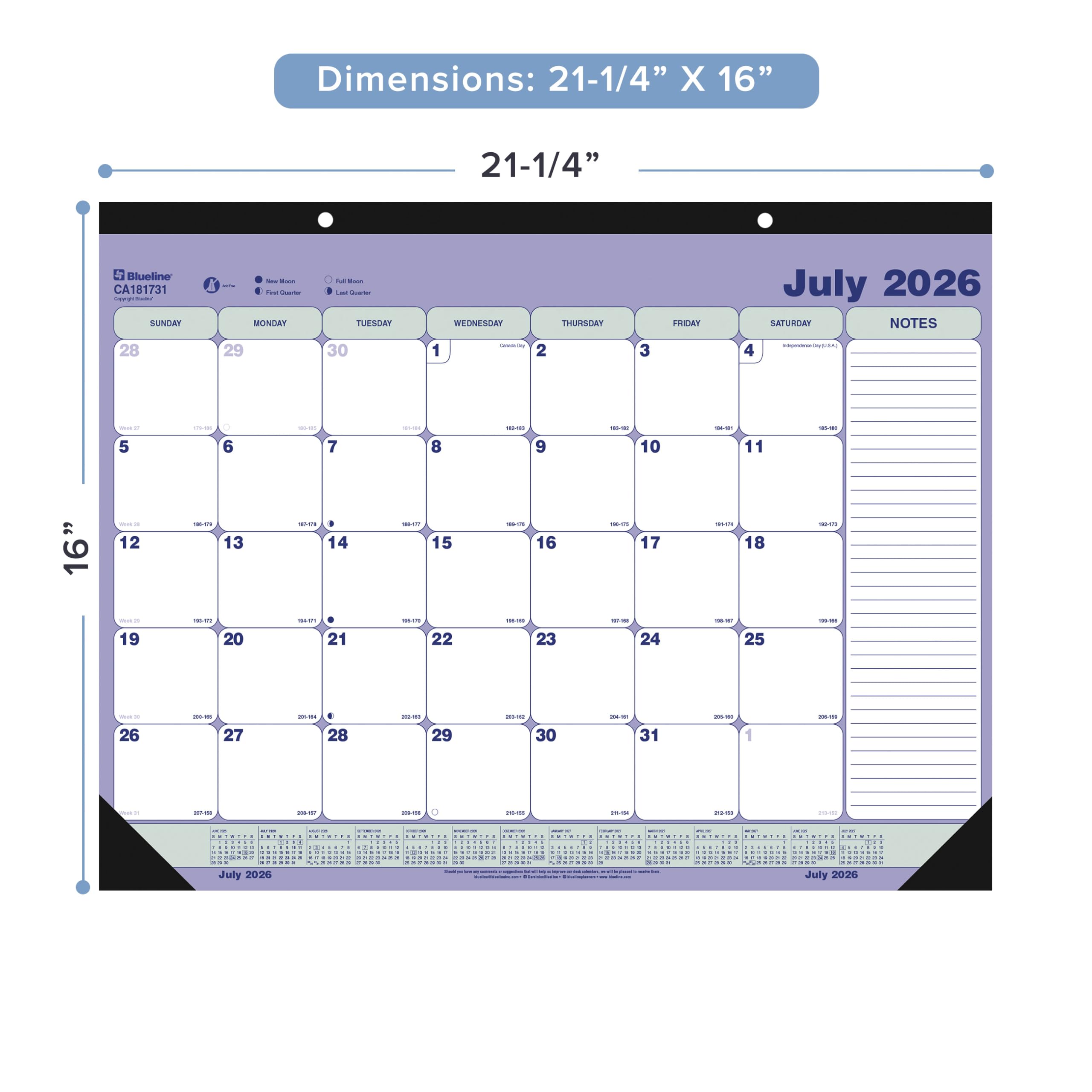 Blueline® Calendario académico mensual de escritorio, 13 meses, julio de 2026 a julio de 2027, 54 cm x 40,6 cm (CA181731)
