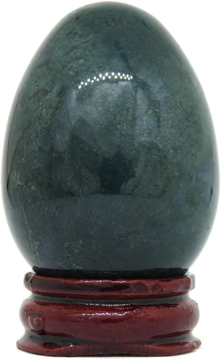 NSC Trading Polished Green Moss Agate Mocha Stone Crystal Gemstone Egg Carving with Stand