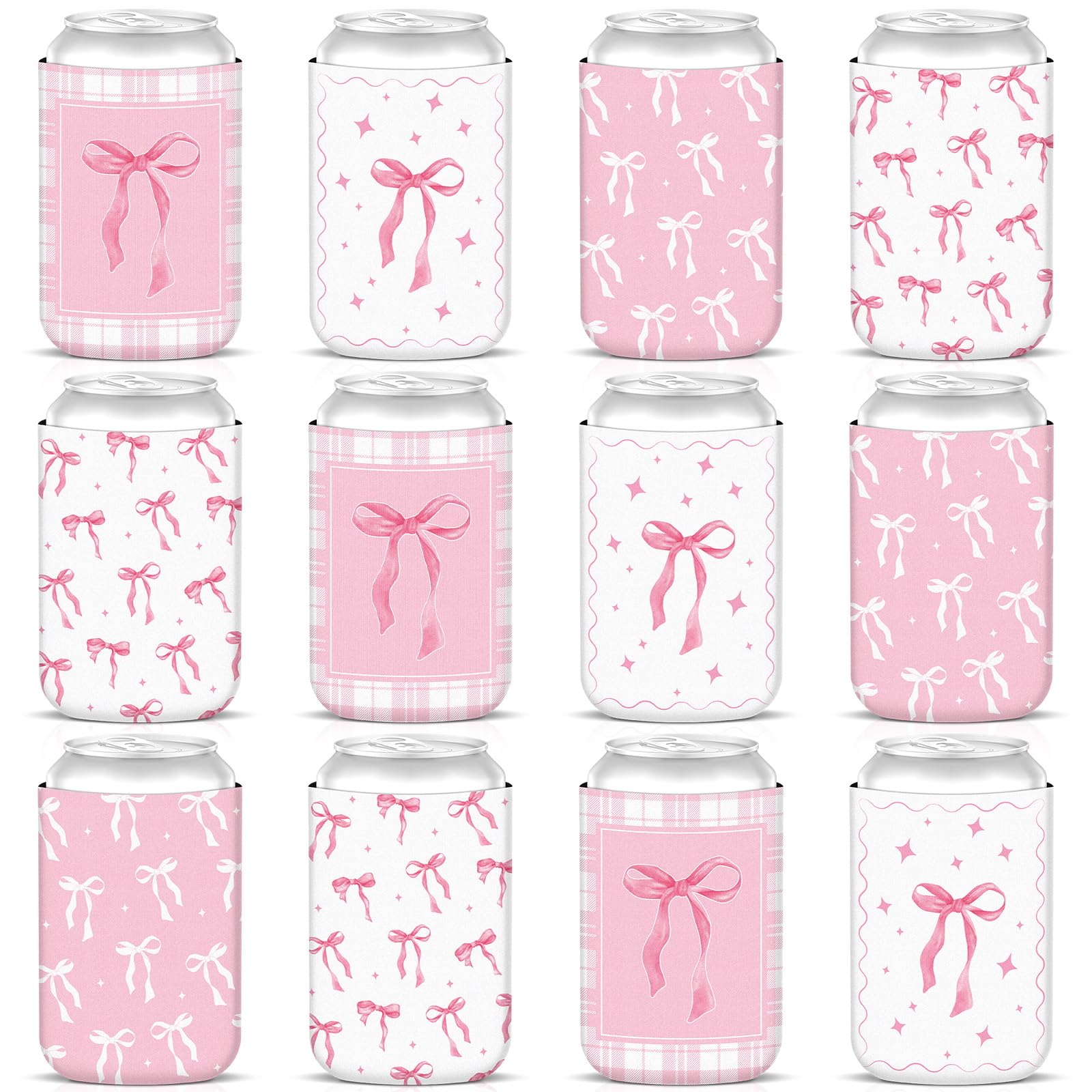 SiliFine 12 Pcs Bow Can Cooler Sleeves Neoprene Coquette Party Favors 12 oz Drink Beverage Can Insulator Beer Cup Holder for Hot Cold Drinks Coquette