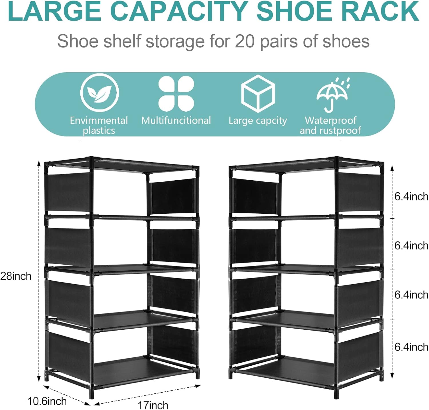 AN ANEWSIR 5 Tier Shoe Rack 2 Pack - Vertical Slim Shoe Rack Tall Shoe Storage 20 Pairs, Stackable Sturdy Non-Woven Fabric Show Rack Short, Space Saving Shoe Shelf Black