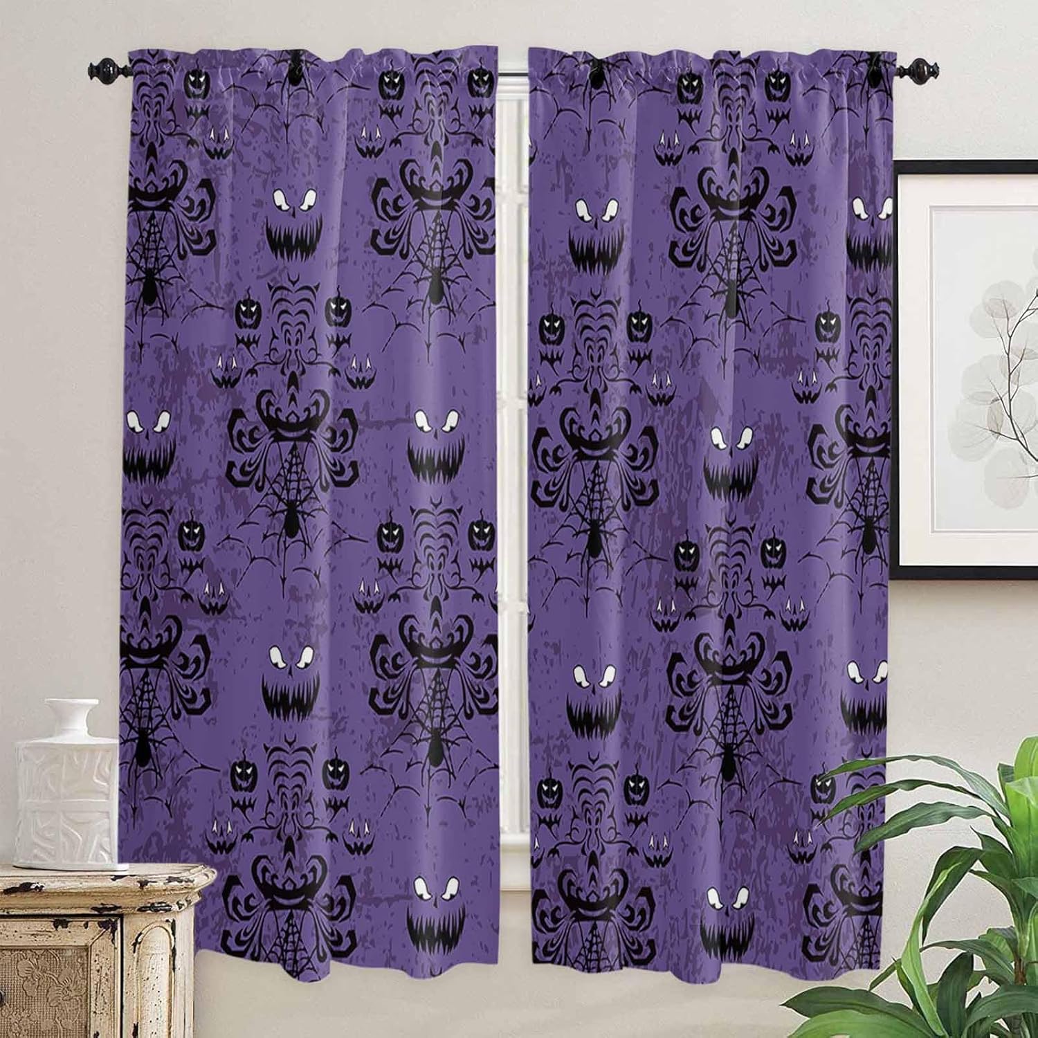 Halloween Window Curtains 72 Inch Long 2 Panel Set, Rod Pocket Long Curtains & Drapes, Purple Black Haunted Ghost Fall Autumn Light Filtering Window Treatment for Bedroom Living Room 52"W x 72"L