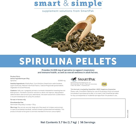 SmartEquine Smart & Simple Spirulina, 3.7 lb Bag, 56 Servings | Spirulina Pellets for Horses | Immune Support, Respiratory Supplement for Horses | Convenient and Tasty Apple Banana Flavor