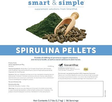 SmartEquine Smart & Simple Spirulina, 3.7 lb Bag, 56 Servings | Spirulina Pellets for Horses | Immune Support, Respiratory Supplement for Horses | Convenient and Tasty Apple Banana Flavor