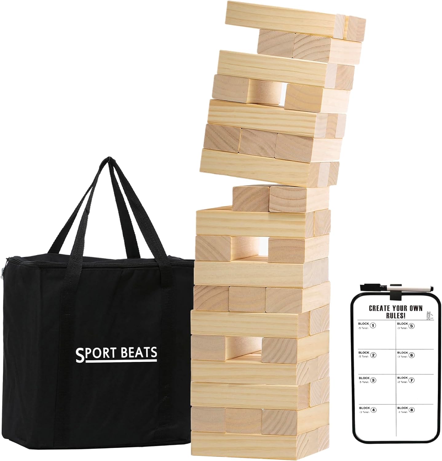 Outdoor Games Large Tower Stacking Game, 54 Wooden Blocks, Stack Up to 4 Ft Tall, Includes Carry Bag and Scoreboard, Backyard and Beach Lawn Yard Fun for Adults and Family