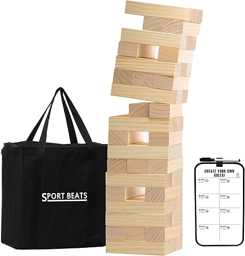 SPORT BEATS Juego de torre mediana Juegos al aire libre Juego de apilamiento de 54 bloques Incluye bolsa de transporte Natural