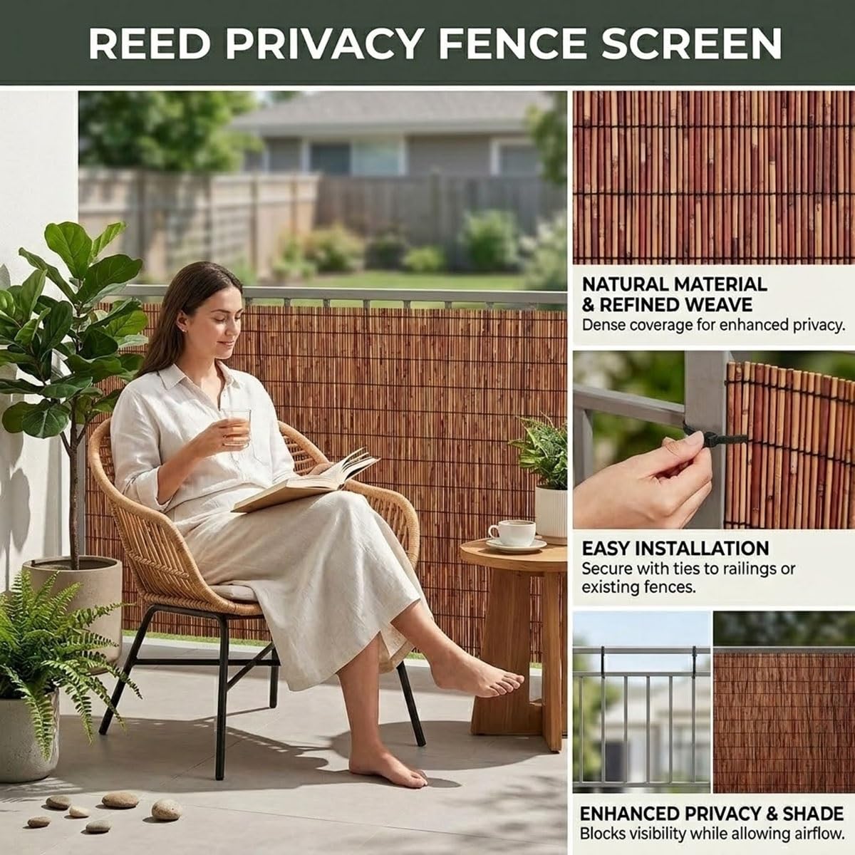 Rollo de Caña Natural para Ocultación de Balcón y Terraza, Valla de Caña Natural Exterior como Malla de Privacidad y Protector de Sombreo para Jardín, Patio y Piscina(61x823cm(2x27ft))