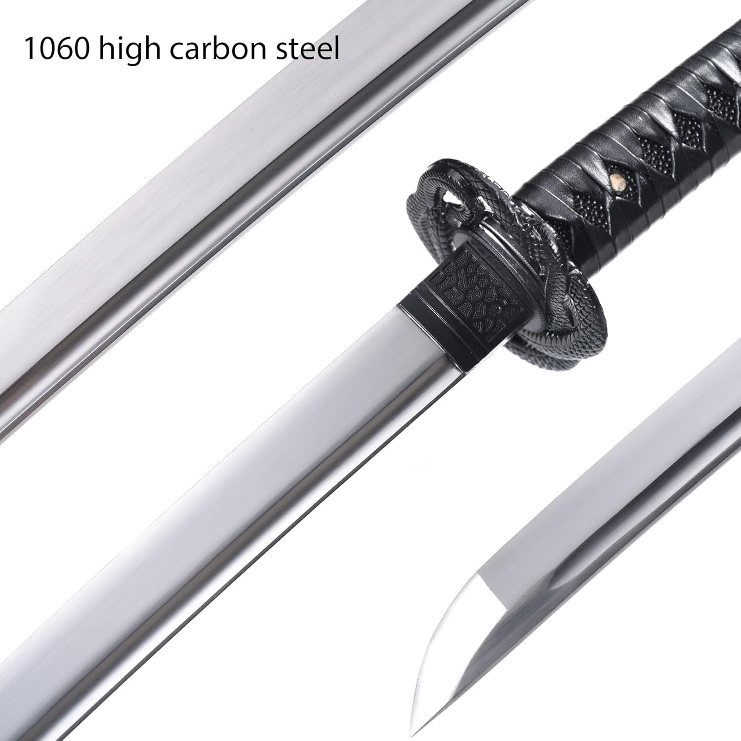 Black Snake Katana - High Carbon Steel Sharpened Blade, Zinc Alloy Snake Tsuba, Black PU Leather Saya, Handcrafted Collectible Samurai Sword