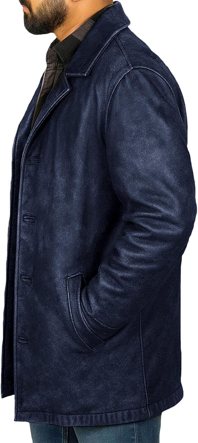 Mens Winchester Distressed Brown Leather Jacket - Classic Vintage Hunter Style Mid 3/4 Length Trench Car Coat