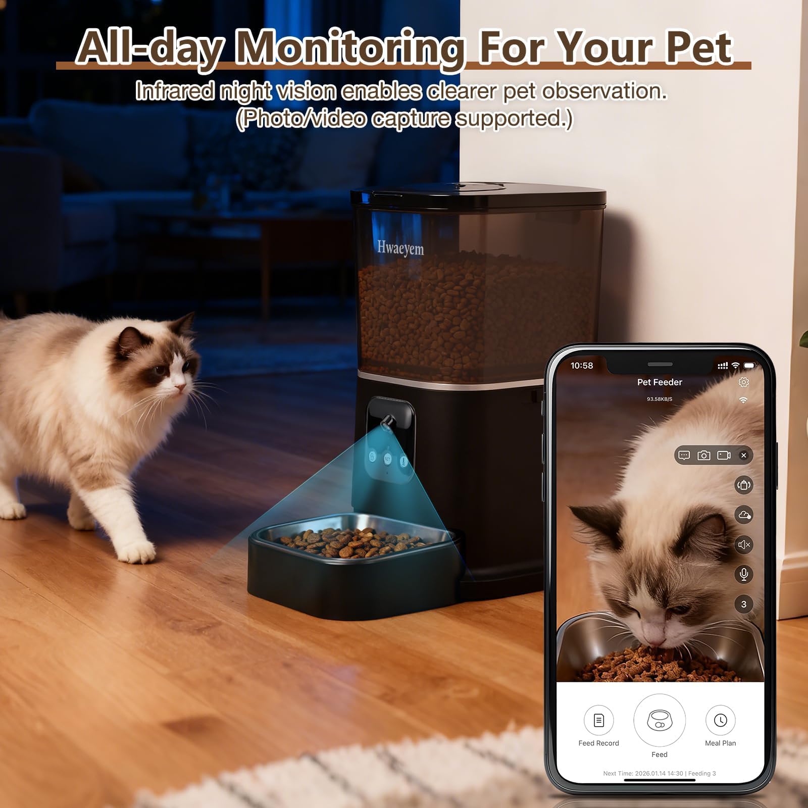 Automatic Cat Feeder with Camera, 5L/28 Cups WiFi Cat Auto Feeder with Two-Way Audio, App Control, Strong Anti-Jam System Smart Timed Cat Feeder with Night Vision for Small Pets Indoor - image 4