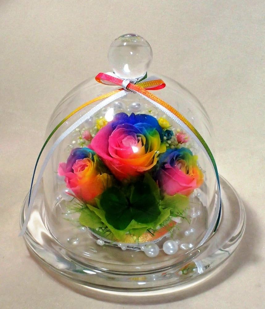レインボーカラー プリザーブドフラワー アレンジメント Amazon｜四葉のクローバー入り虹色の薔薇 レインボーローズ3輪