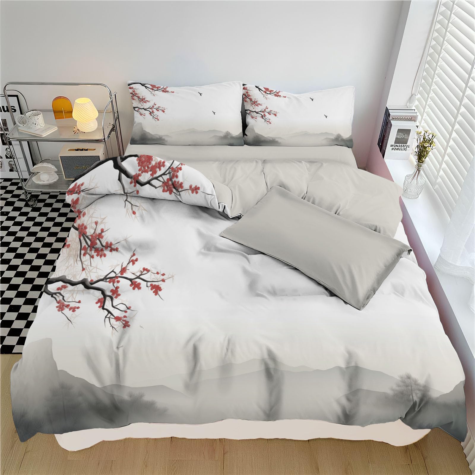 Parure de couette 240x260cm fleurs de prunier pour chambre parentale cosie