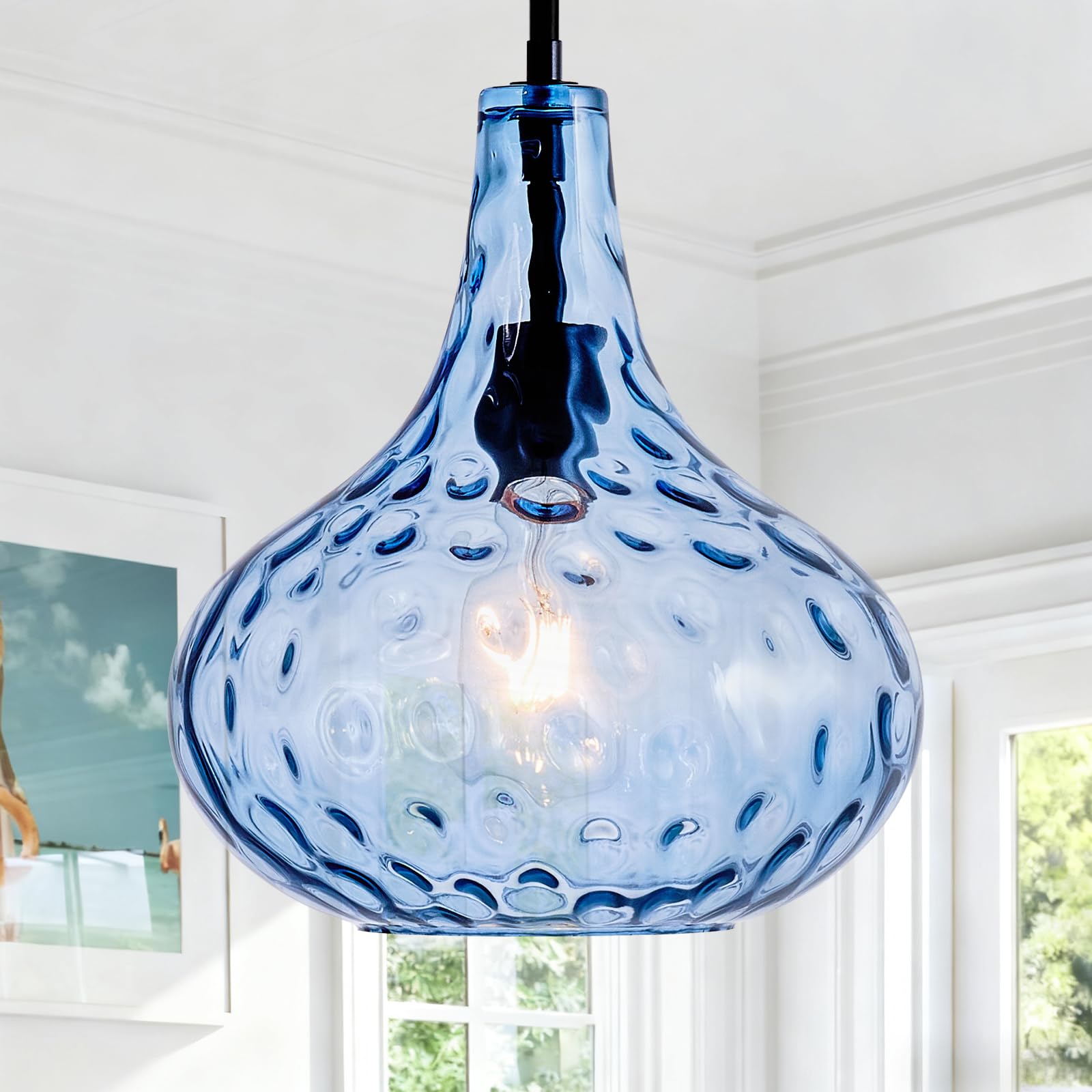 11" Blue Hammered Glass Pendant Light, Black Finish, E26
