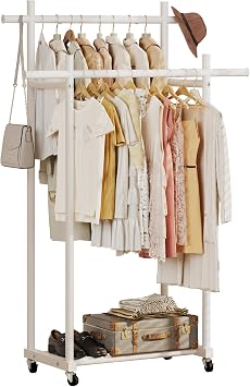 Lutown-Teen Metal Clothes Rack with Lockable Wheels, Double Rods, White | Clothing Rack Heavy Duty with Storage Rods, 150 LB Capacity Garment Rack, Easy Assembly