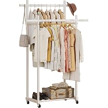 Lutown-Teen Metal Clothes Rack with Lockable Wheels, Double Rods, White | Clothing Rack Heavy Duty with Storage Rods, 150 LB Capacity Garment Rack, Easy Assembly