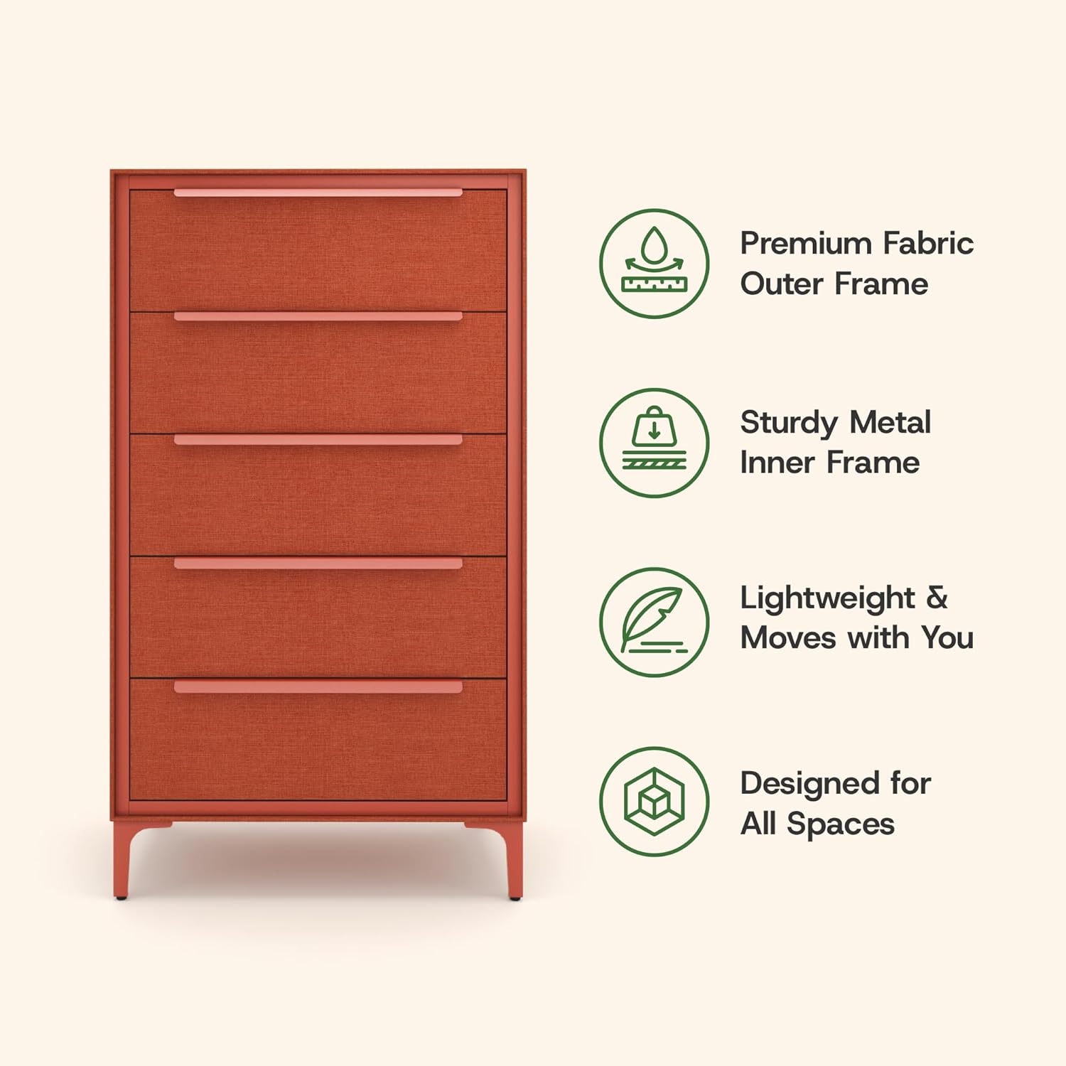tinge Naima Premium Fabric Dresser - Strong Metal Frame, 5 Spacious Sag-Proof Drawers with Sleek Metal Handles - Premium & Durable Storage Solution for Your Home (Orange)