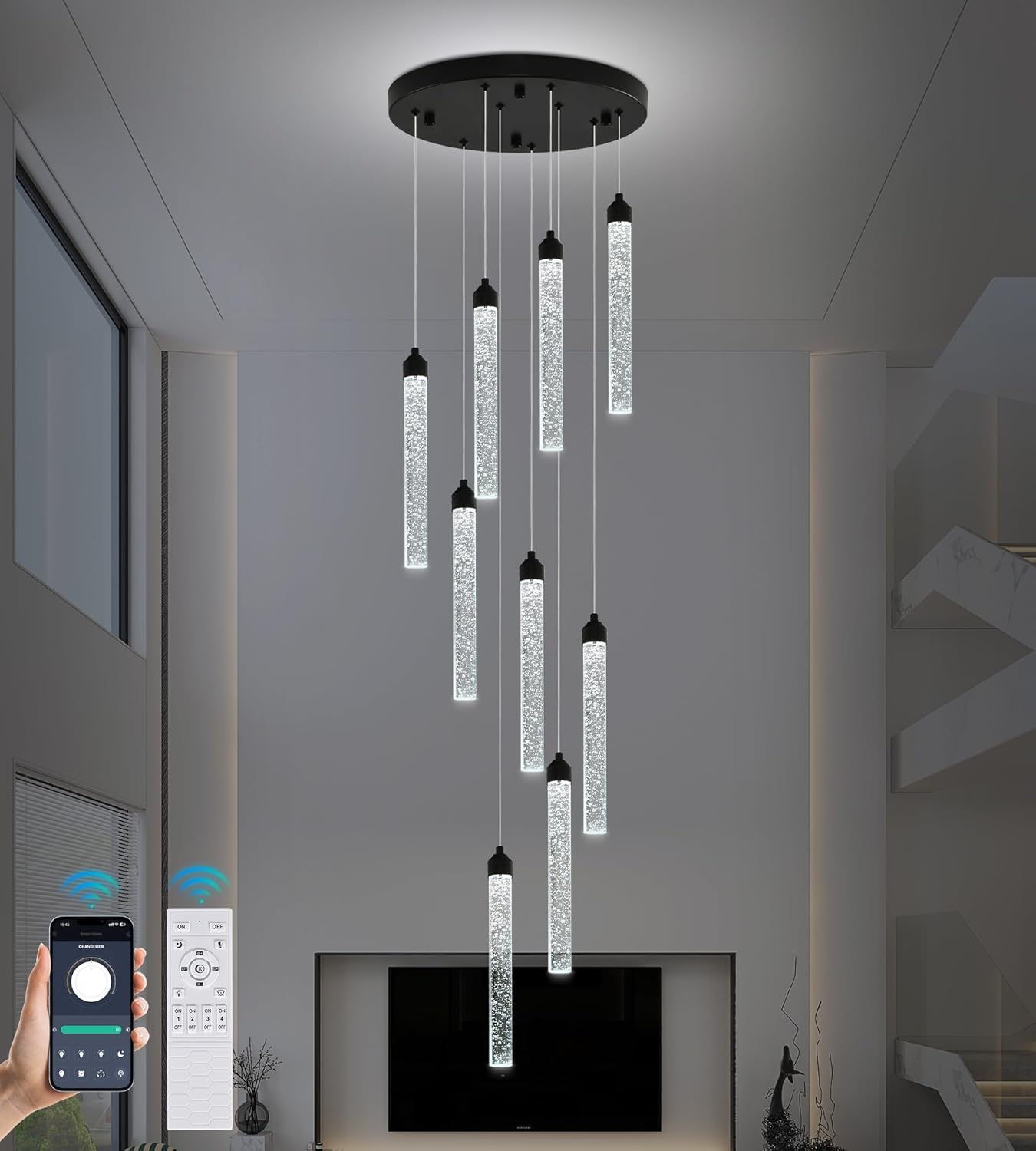 Crystal Staircase Chandelier, Modern Black Spiral Dimmable LED Cluster Raindrop Foyer Chandelier Lighting, Bubble Living Room Hanging Light Fixture 9 Light Remote Control