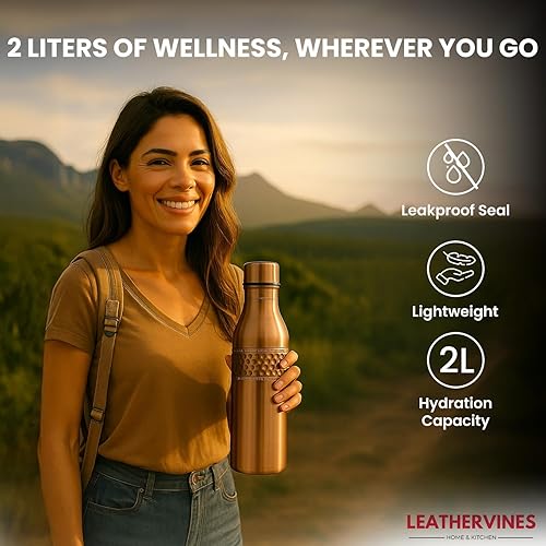 Vista 26 de Leathervine - Botella de agua de cobre 100 % puro para beber de 64 onzas con tapa, recipiente ayurvédico a prueba de fugas para apoyar la digestión