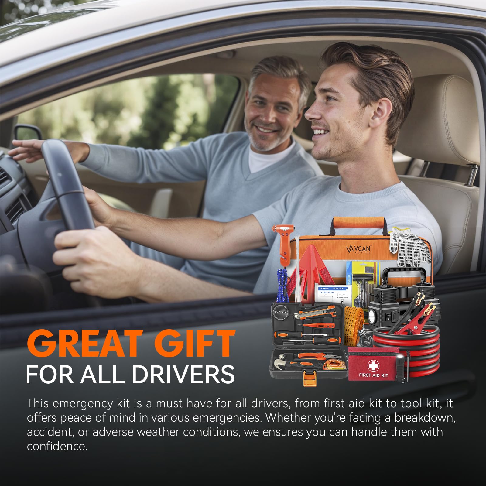 Car Emergency Kit with Portable Air Compressor, First Aid Kit, Jumper Cables, Roadside Safety Emergency Tool Kit for Women, Men, Teen