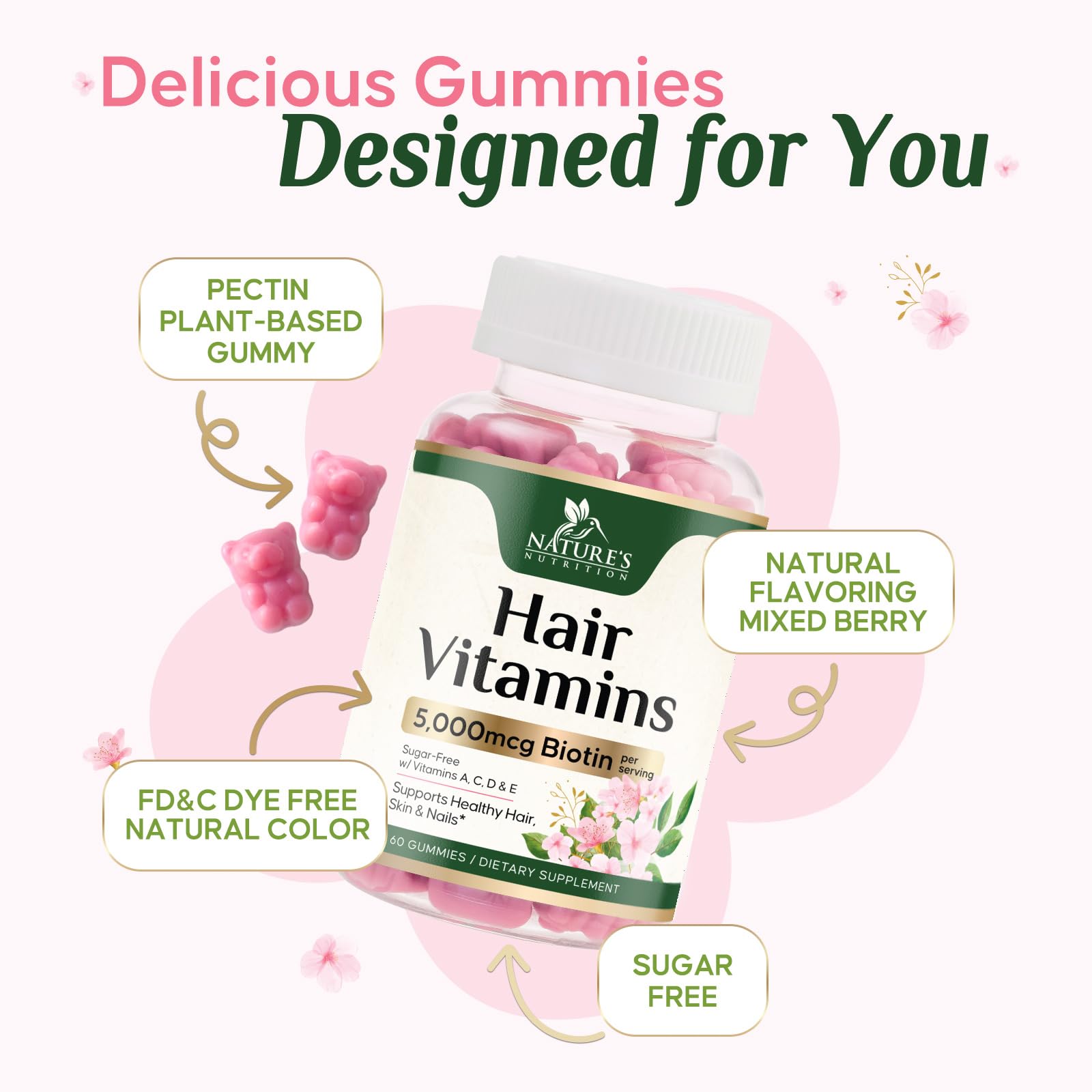 Hair Vitamins Gummies with Biotin 5000 mcg - Extra Strength Hair Growth Support Vitamin E & C - Stronger Radiant Hair, Skin & Nails Supplement - Hair Growth Support Gummy, Berry Flavor - 60 Gummies — Amazon image 7