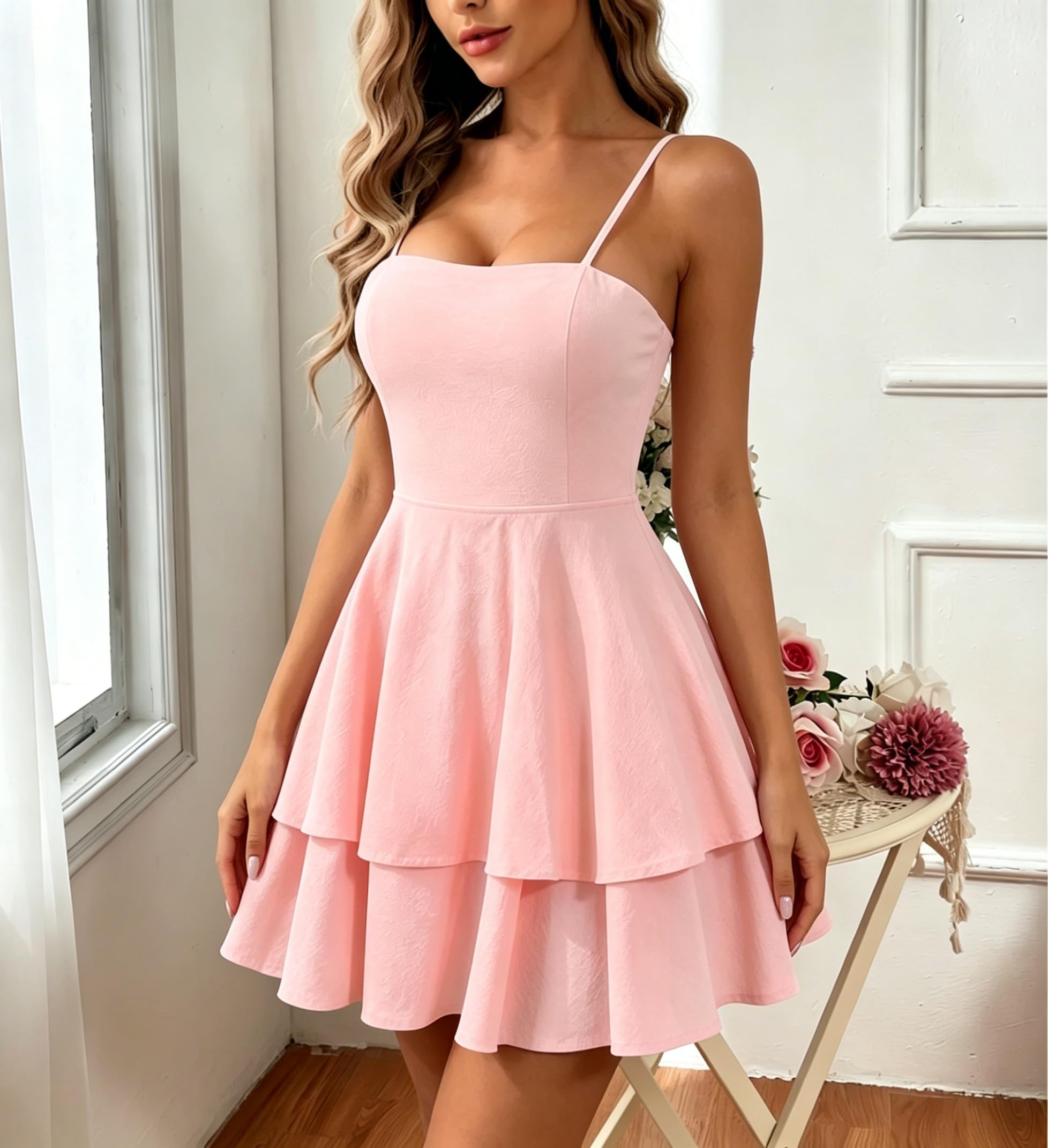 Generico Abito da Donna Senza Schienale con Fiocco Balze A Strati Spalline Sottili Regolabili Scollo Quadrato Vita Alta Mini Abito A Trapezio Abito Estivo Leggero per Cocktail Compleanno e Spiaggia