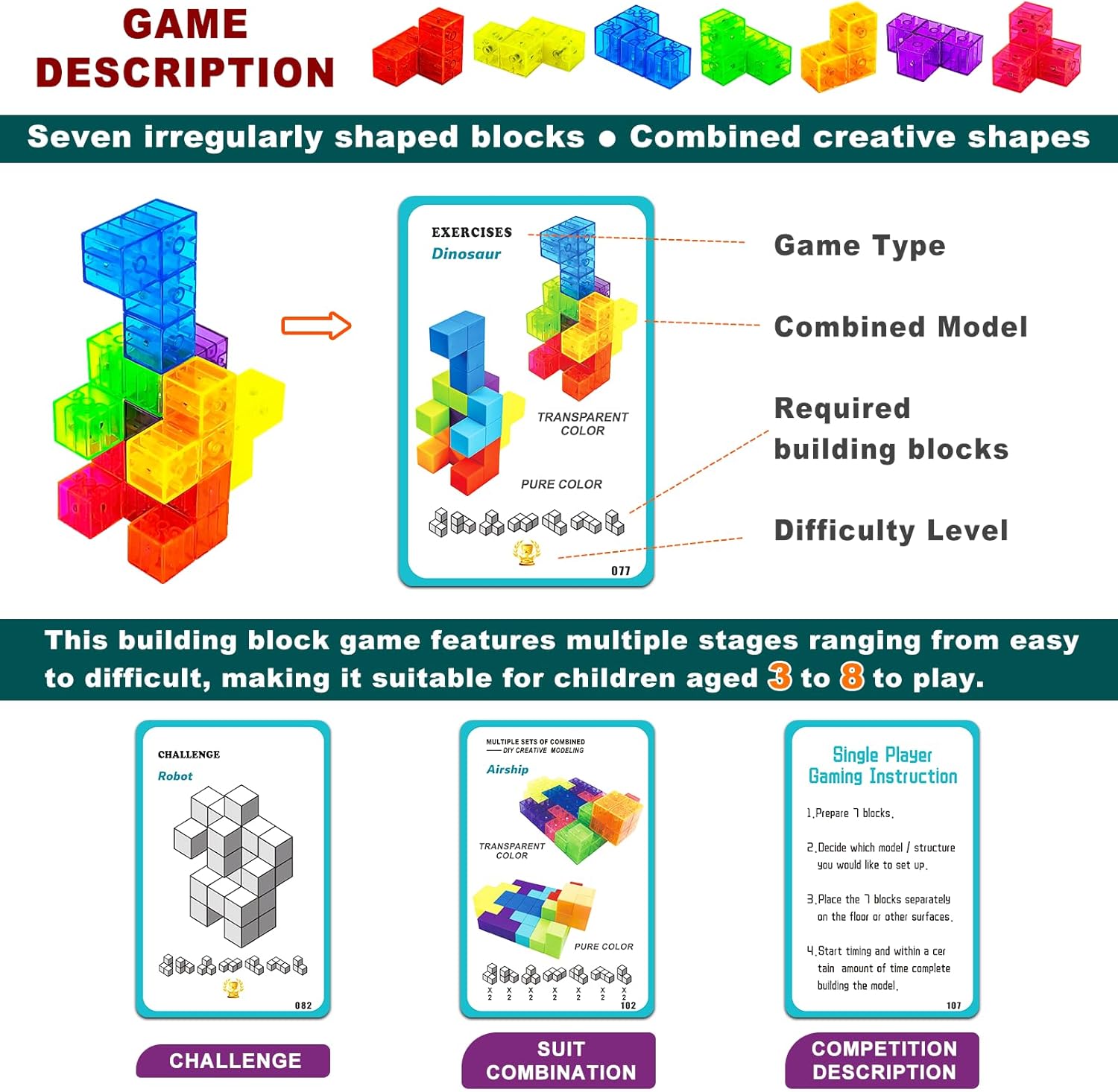 Magnetic Building Blocks Magic Magnetic 3D Puzzle Cubes, Set of 7 Multi Shapes Magnetics Blocks with 54 Guide Cards, Children's Educational Toys and Stress Relief Fidget Toys for Kids Adults