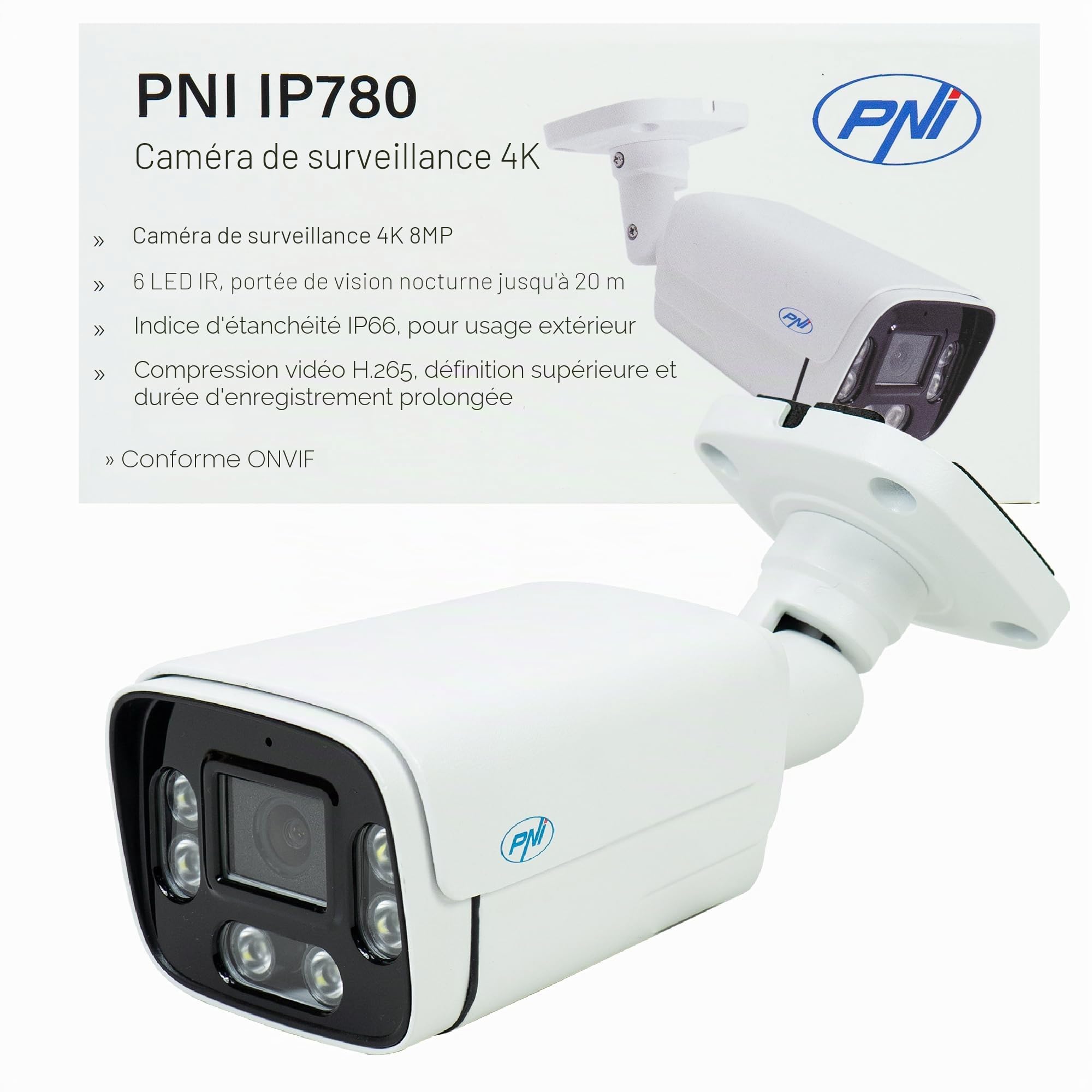 Telecamera di videosorveglianza PNI IP780, 8MP, 4K, IP, 6 LED IR, IP66, Bianco