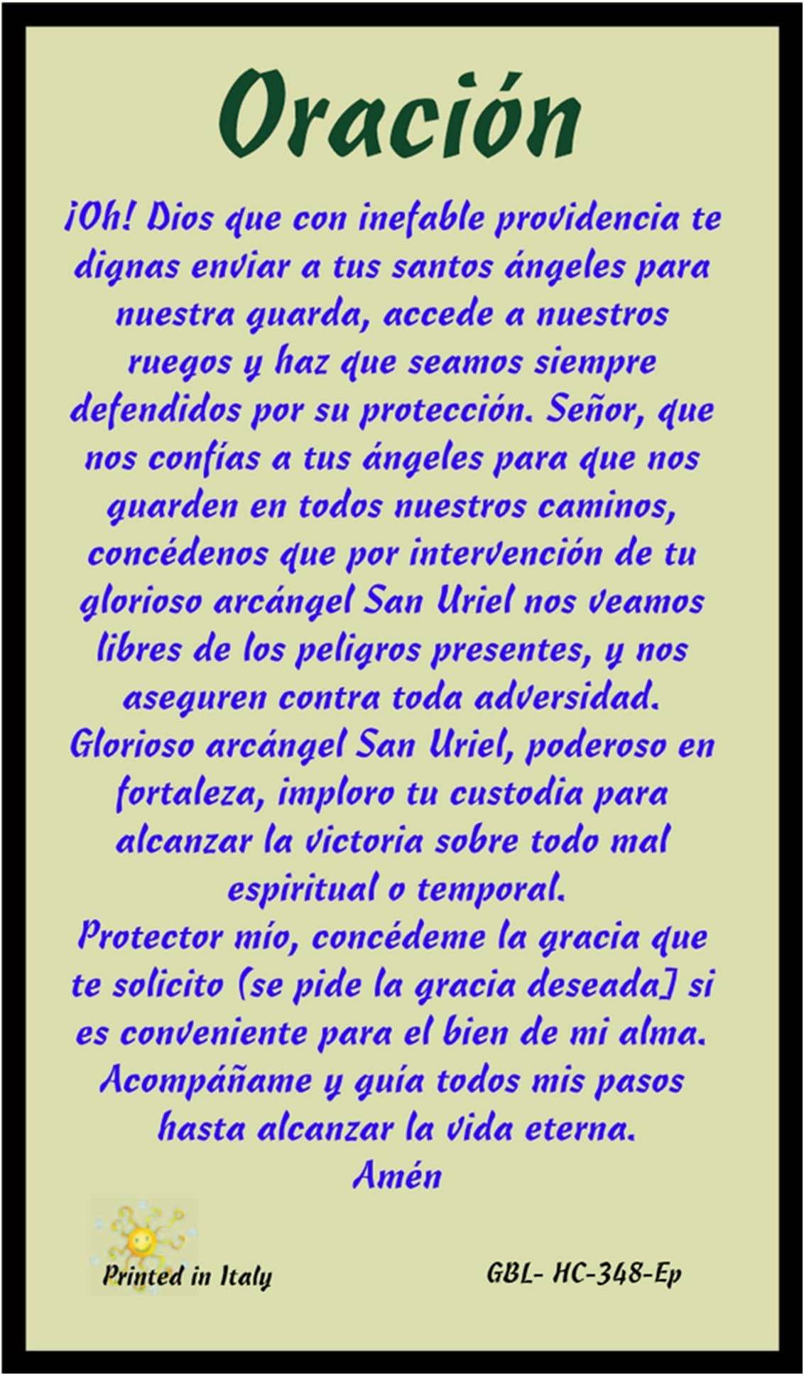 Gifts by Lulee, LLC Oracion al Arcangel Uriel para Obtener un Favor Especial Tarjeta de Rezo Laminada con Acentos Dorados Importada de Italia