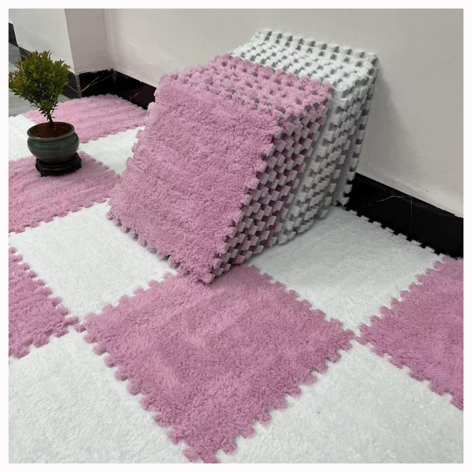 Splice Interlocking Carpet Square Plush rug, 10 Piastrelle quadrate in Schiuma ad Incastro, morbide e Antiscivolo, Tappeto Patchwork per la Stanza, Tappeto in Schiuma per,Pink+White