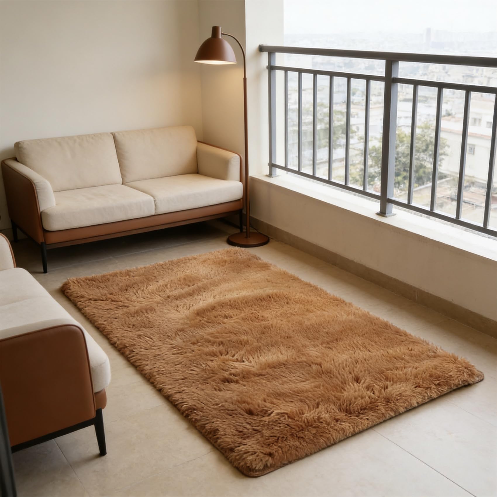 Tapis salon 100x180 cm marron à poils longs moelleux pour chambre