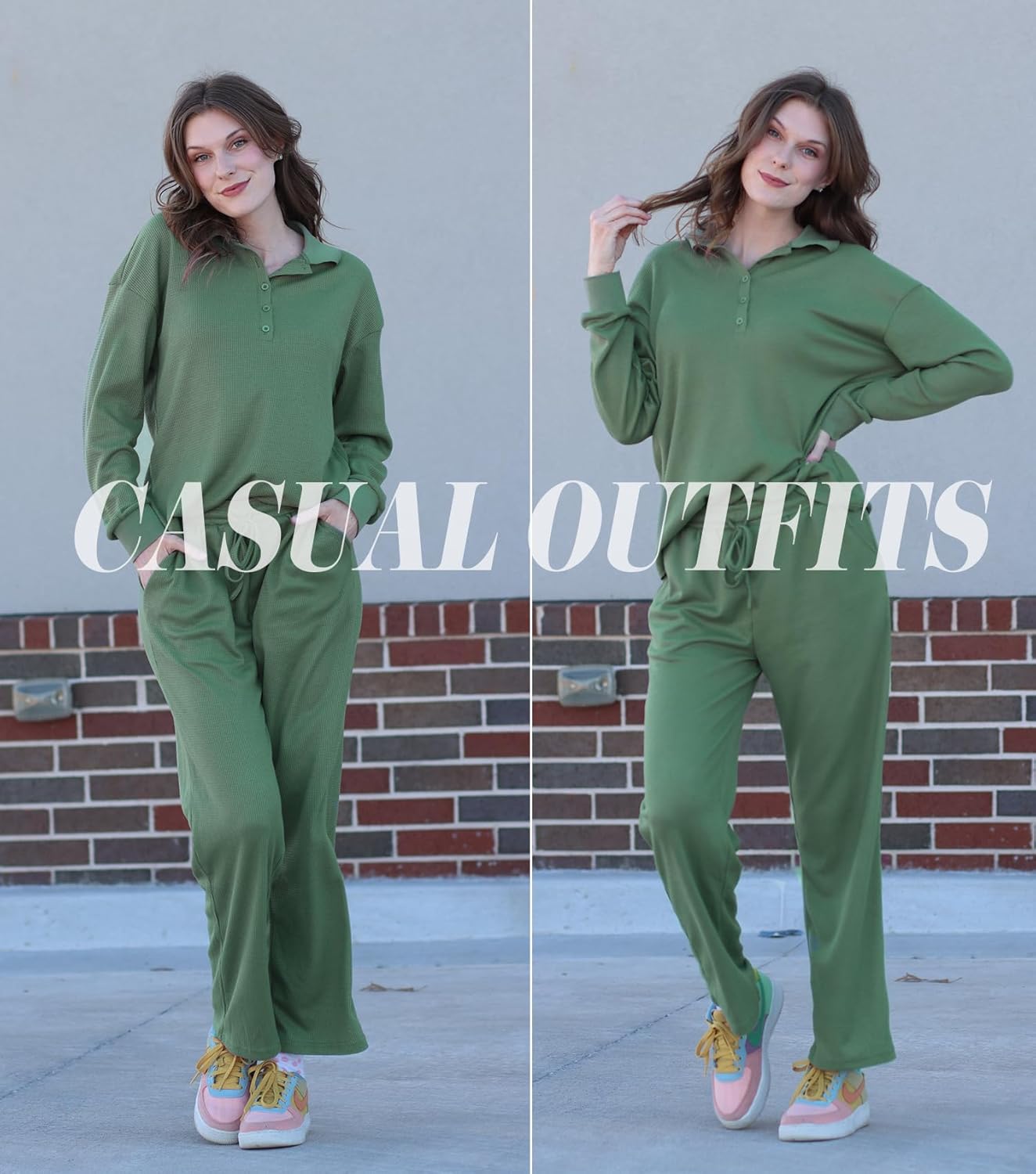 Ekouaer Womens 2 Piece Matching Lounge Sets Fall Outfits 2025 Sweatsuit Waffle Knit Pajamas Sets Long Sleeve Sweater Clothes - Image 5