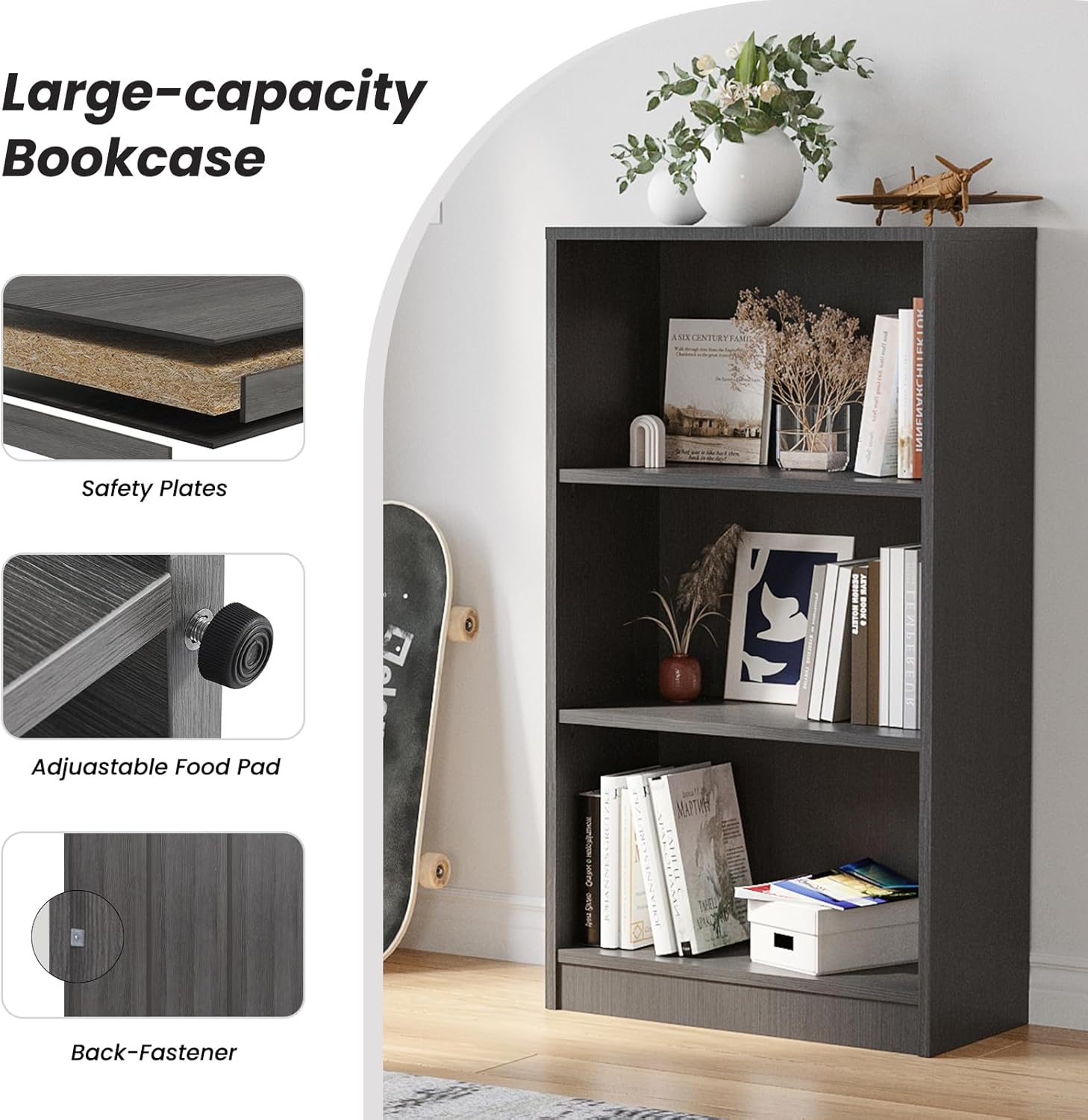 Farini 3-Shelf Bookcase,Wooden Bookshelf with Adjustable Shelves for Home Office, Grey Finish