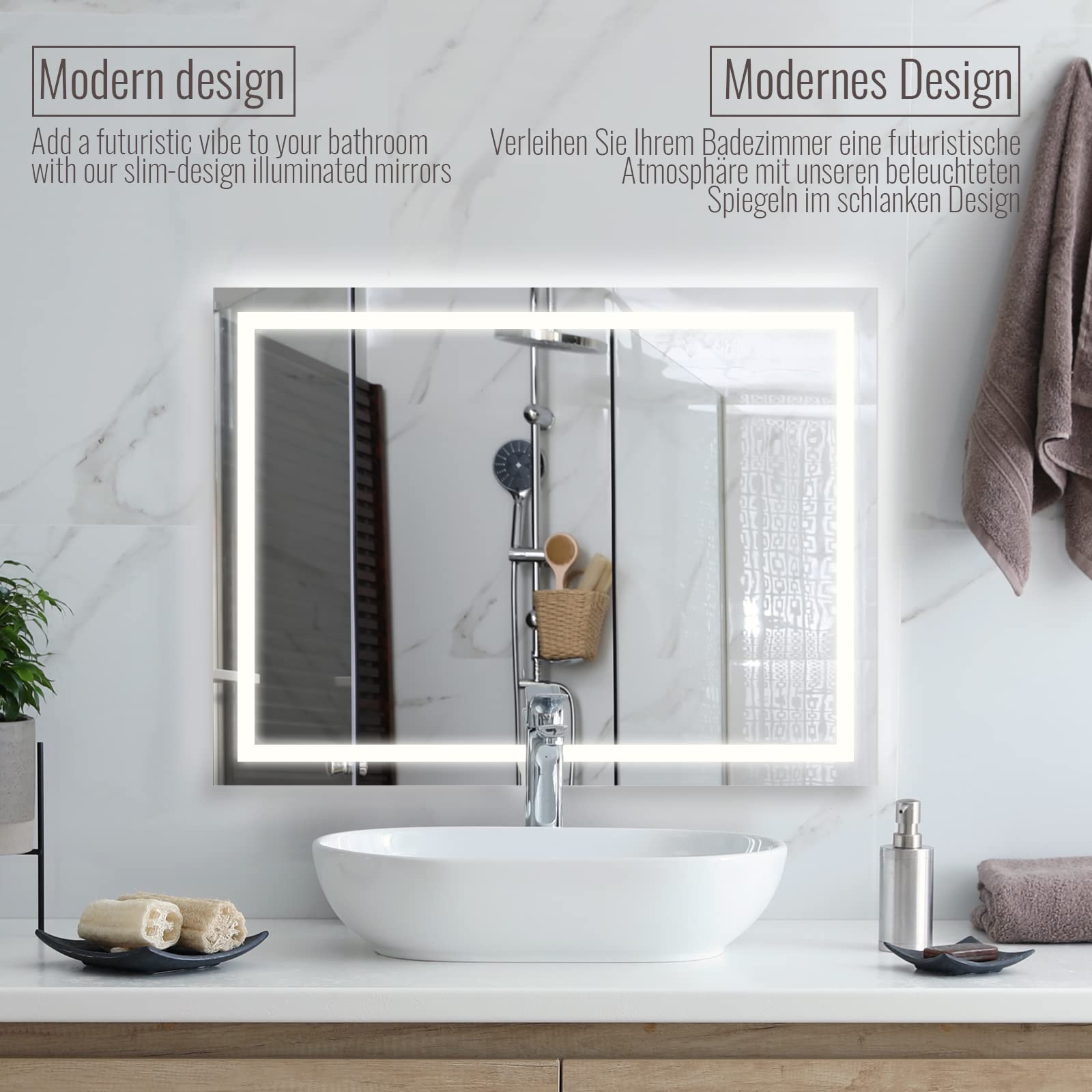Aquamarin® LED Badspiegel - 80 x 60 cm, Beschlagfrei, Dimmbar, EEK A++, Energiesparend, mit Speicherfunktion - Badezimmerspiegel, LED Spiegel, Lichtspiegel, Wandspiegel für Bad