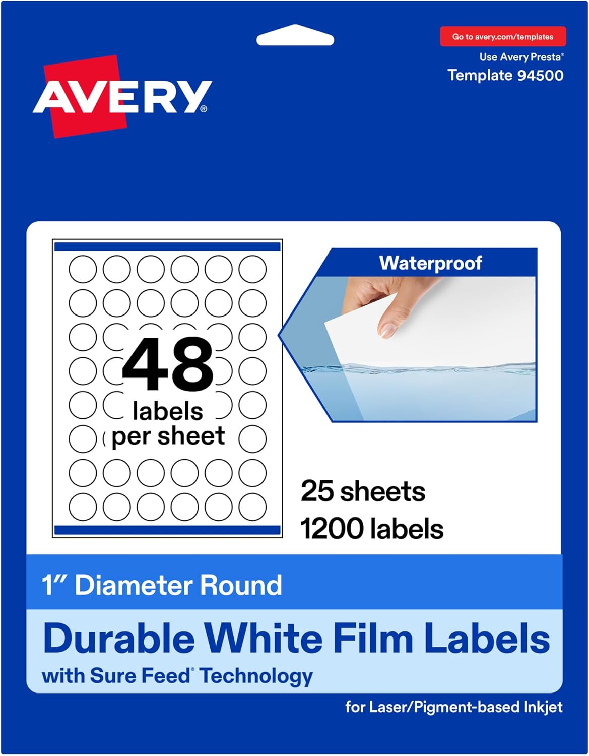 Avery Printable Durable White Round Labels, Sure Feed Technology, 1" Diameter, Print-to-the-Edge, Waterproof Labels, Laser & Pigment-Based Inkjet Compatible, 1200 Total