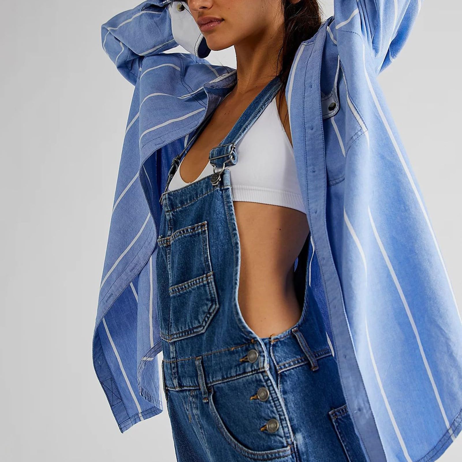 Salopette da donna lunghe, oversize, pantaloni da lavoro da donna, blu, jeans a percussione, a vita alta, con tasche, pantaloni da lavoro retrò, senza maniche, tuta estiva elasticizzata.