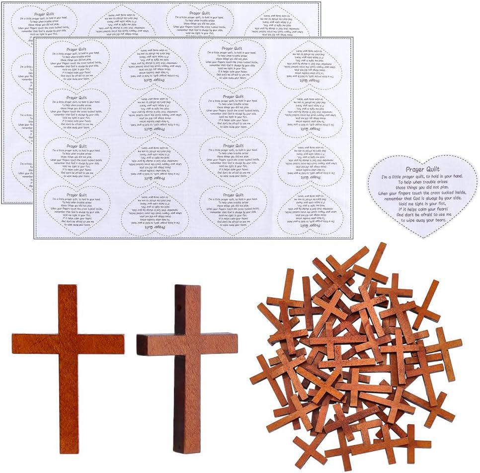 ORIGACH Pocket Prayer Quilt Set 32 Pcs Heart Shape Panel Prayer Quilt Squares with 50 Pcs Small Wooden Cross Mini Scripture Religious Faith Church Gift for Women Mother Family Friends