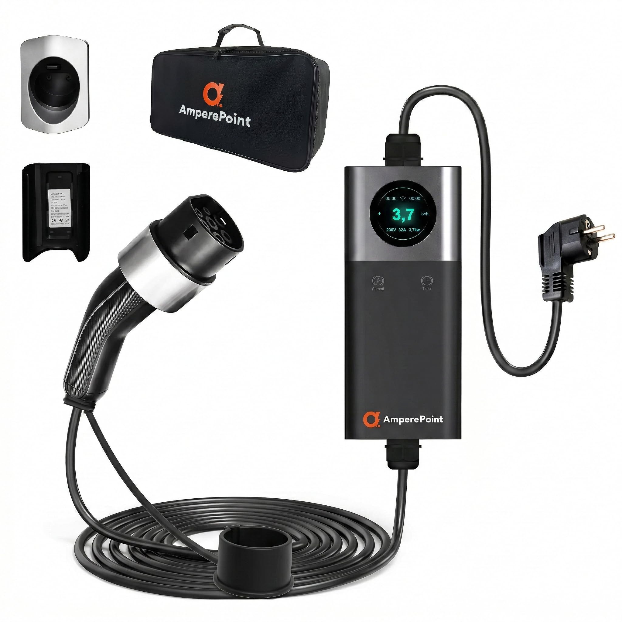 Przenośna ładowarka EV 3,7 kW 16 A typ 2 kabel 7,5 m Schuko 230 V Wi-Fi LCD