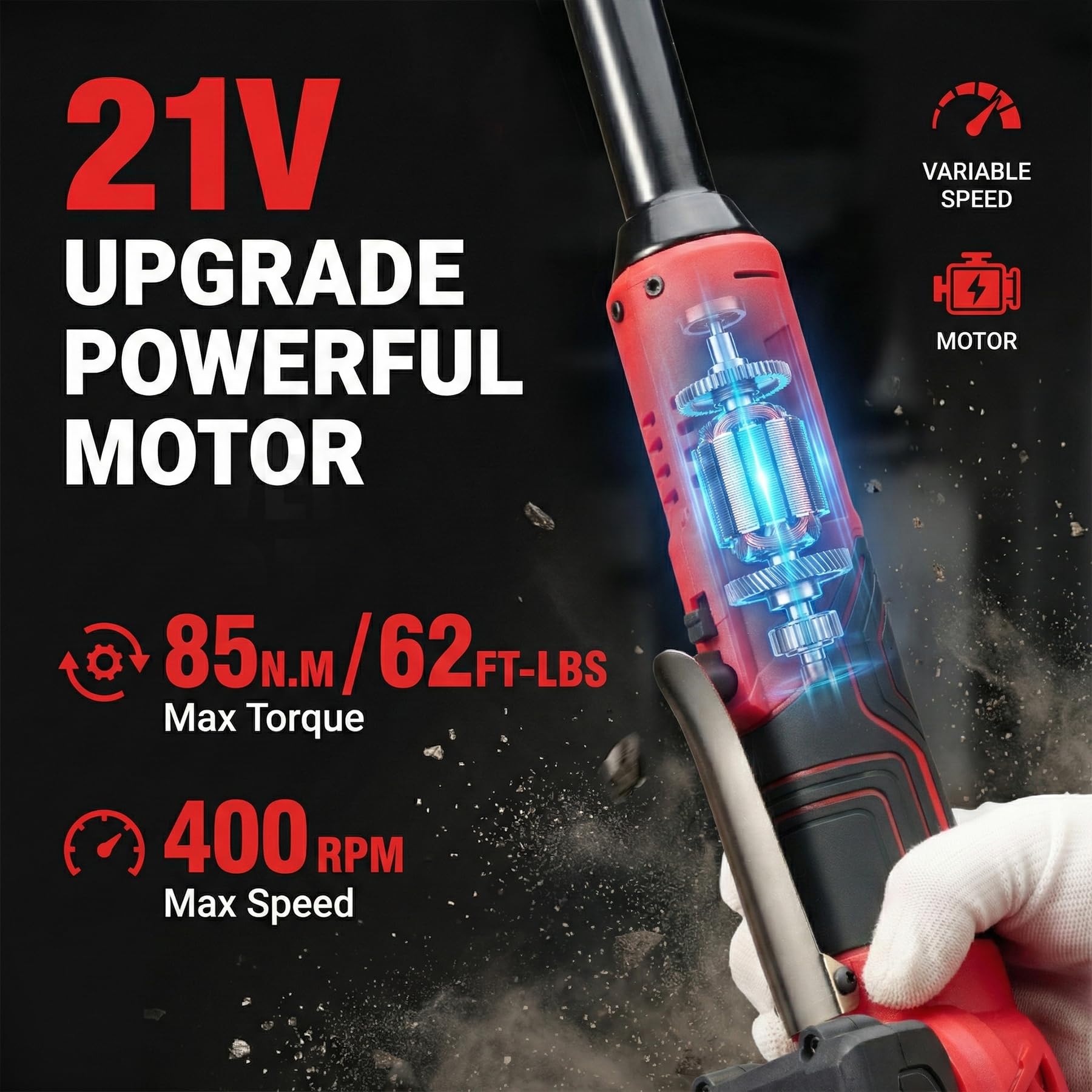 Cricchetto Elettrico a Batteria 21V, Chiave a Cricchetto con Collo Lungo 15cm, Coppia Max 85Nm, 400 Giri/min, 2x Batterie 2.0Ah, Caricabatterie, 7 Bussole & Adattatori per Auto e Officina