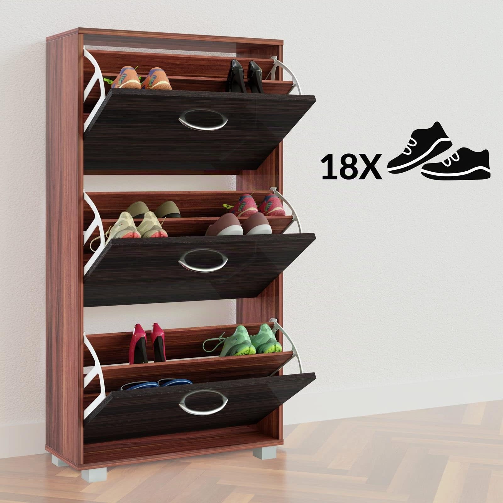 CASARIA® Zapatero Armario 3 Puertas, Mueble Organizador Zapatos, Compacto, Estrecho, para 18 Pares,Entrada Recibidor Pasillo Salón, Estantería de Madera, Antivuelco, 115x60x25cm