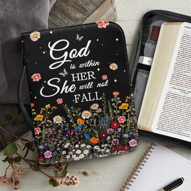 Kuiaobaty Lord Saying Floral Bible Cover for Women, Inspired God Quotes Bible Carrying Cases with Handle PU Leather Zipper Book Bag - Image 3