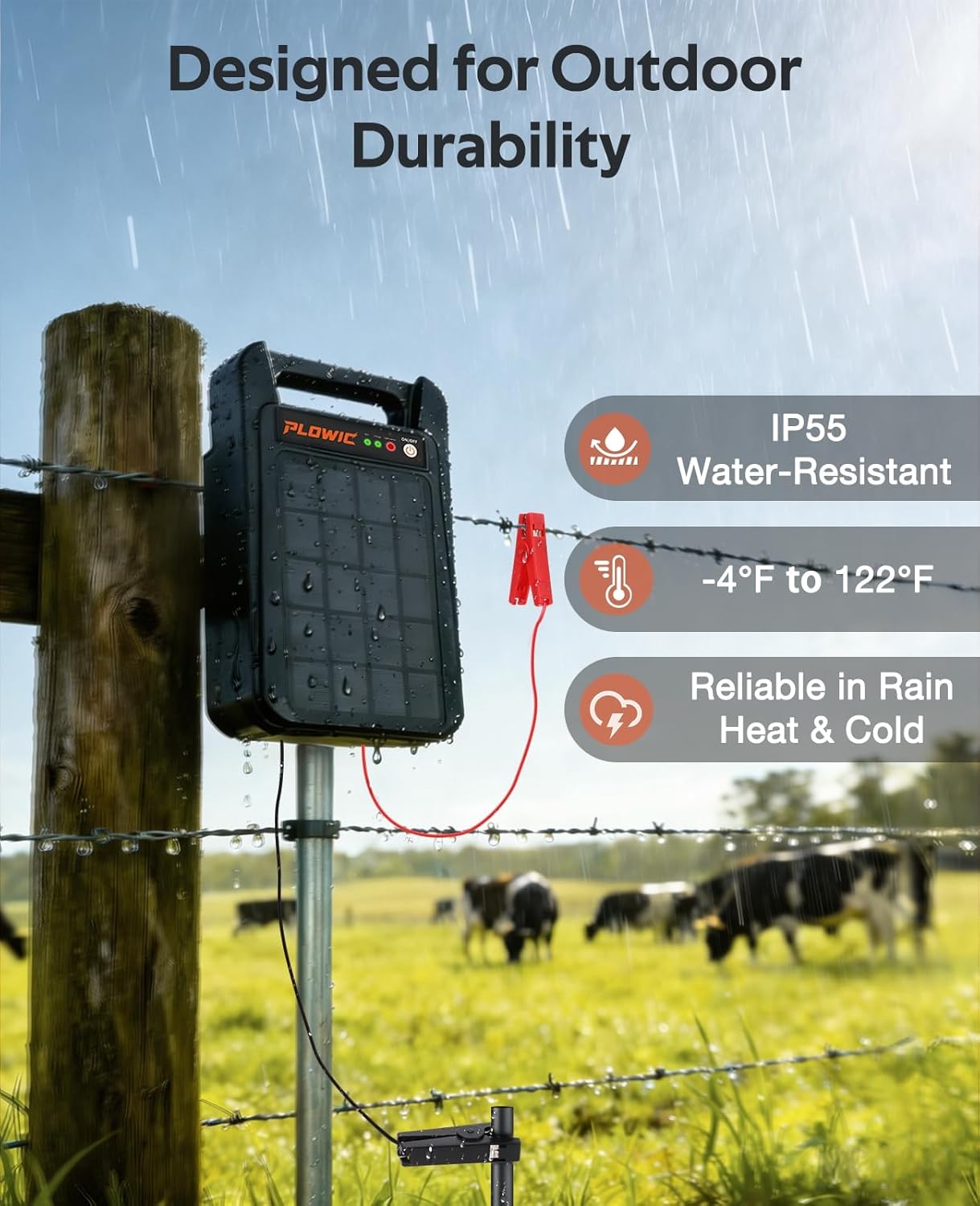 Solar Electric Fence Charger 10 Miles, 0.20J Solar Powered Fence Energizer with Rechargeable 10400mAh Battery, Portable Electric Fence Kit for Livestock, Chicken, Garden Protection, Auto Day/Night