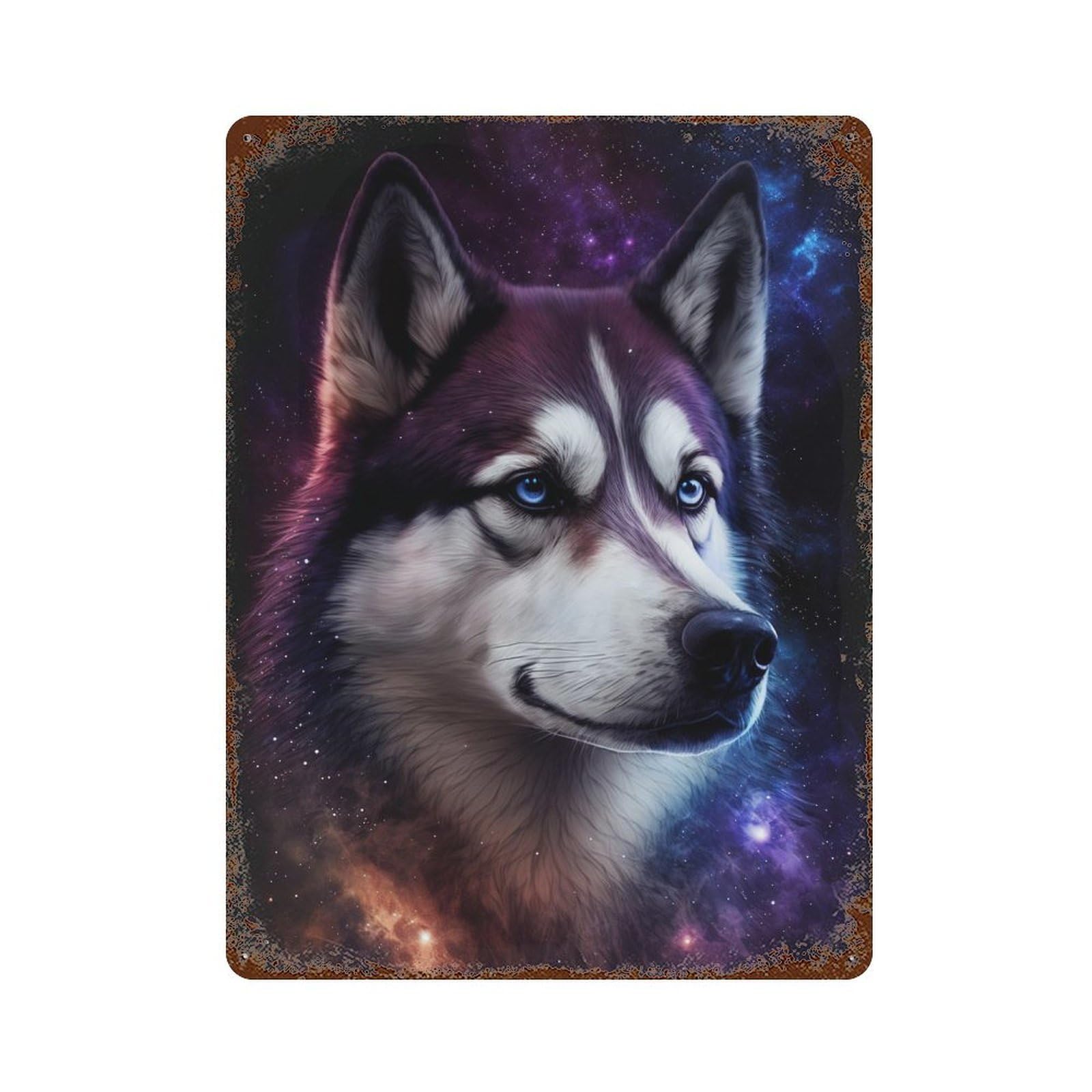 Distressed Metal Wall Sign with Cosmic Husky Portrait-4 Design 15.7"x11.8", for Cafe, Home Bar And Lounge Decor, Retro Wall Decor