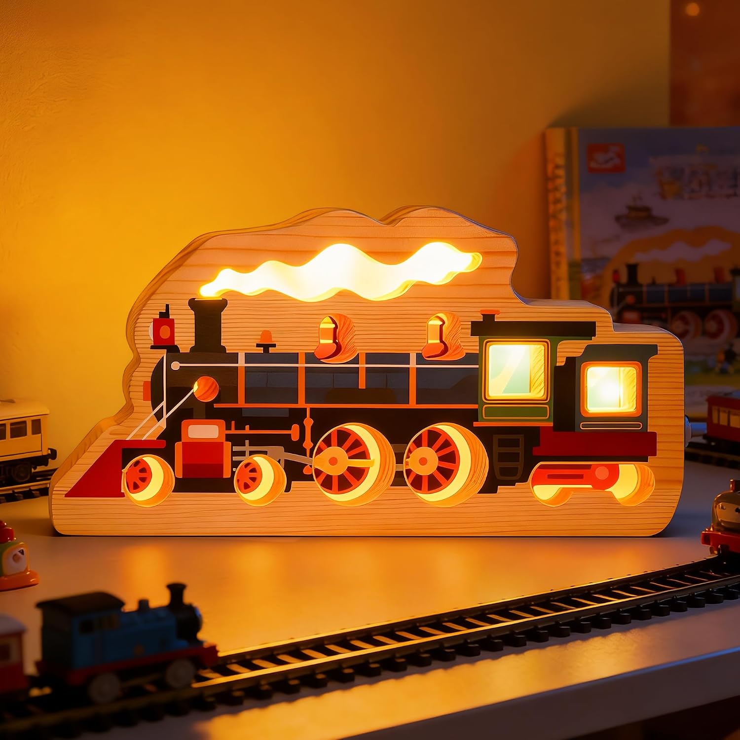 YuanDian LED Train Night Light, Wooden Train Hollow-Out Wall Art with USB-C, Glowing Engine Decor for Bedside Desk Nursery