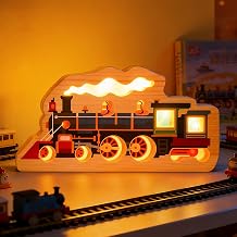 YuanDian LED Train Night Light, Wooden Train Hollow-Out Wall Art with USB-C, Glowing Engine Decor for Bedside Desk Nursery